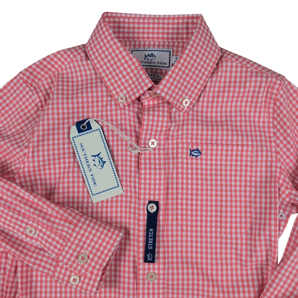 Southern Tide Boys Small Intercoastal Gingham Sportshirt Georgia Peach NWT